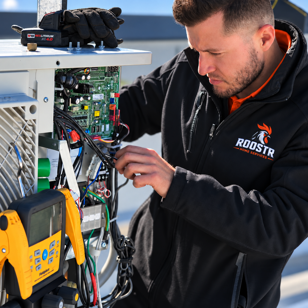 ROOSTR technician checking the wiring and controls of an HVAC system